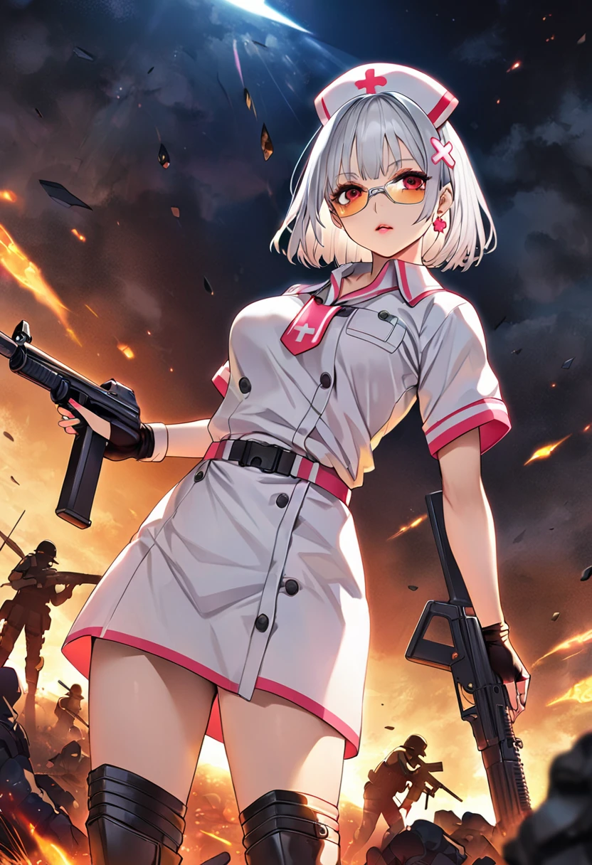 masterpiece、highest quality、Ultra-high resolution、Maximum resolution、Very detailed、Professional Lighting、anime、Adult female、thin、so beautiful、、Nurse uniform、Has a submachine gun、Red Eye、Silver Hair、Short Hair、Earrings、Fingerless Gloves、Beautiful eyes、Gloss Lip、Tactical Boots、Equipped with transparent orange shooting glasses、Equipped with a chest rig、Standing alone on the battlefield