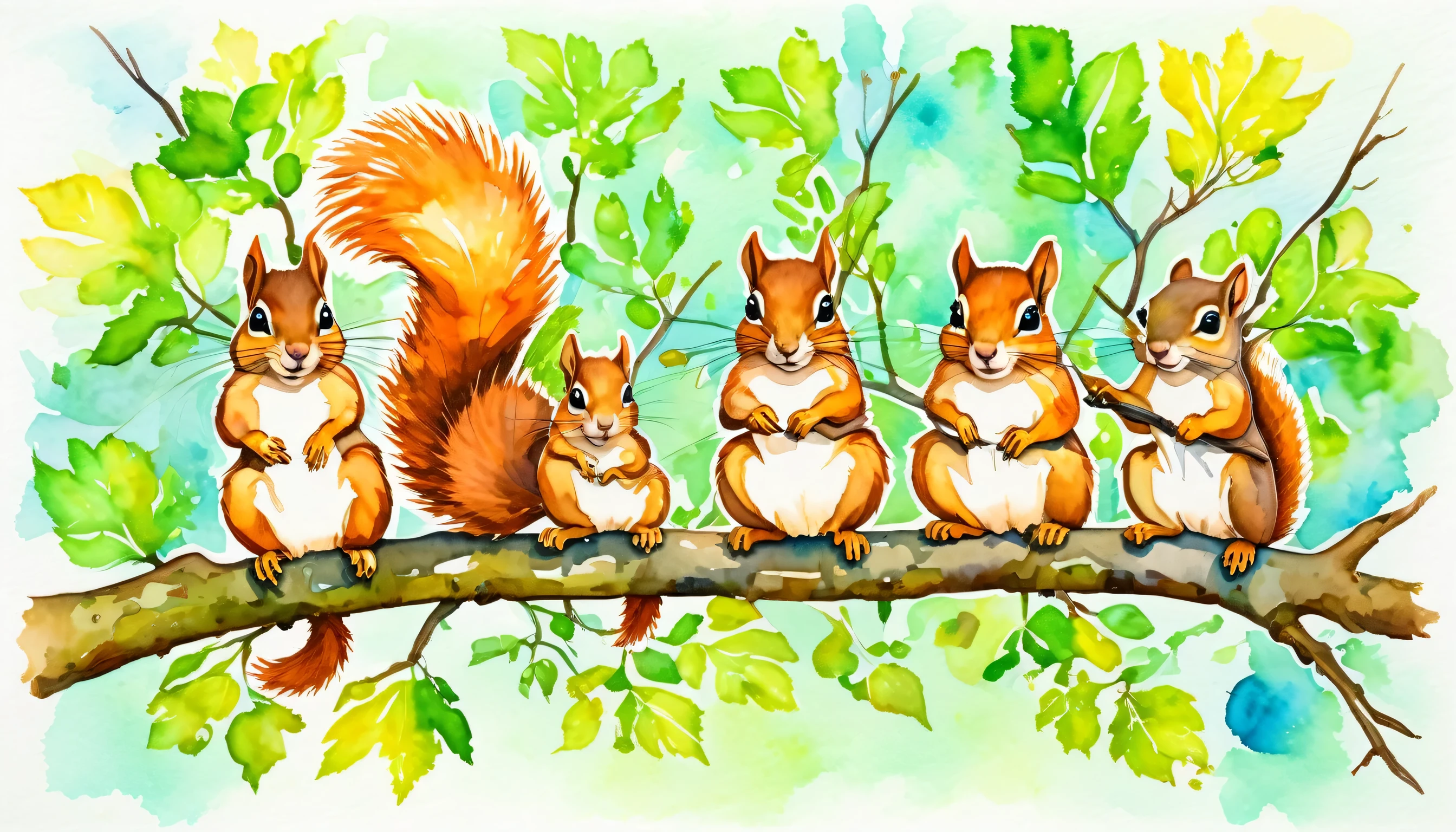 a family of squirrels perched on a branch, funny, no_humans, animal, tree, outdoors, nature, branch, leaf, animal_focus, depth_of_field, forest, modern art, painting, drawing, watercolor, psychedelic colors