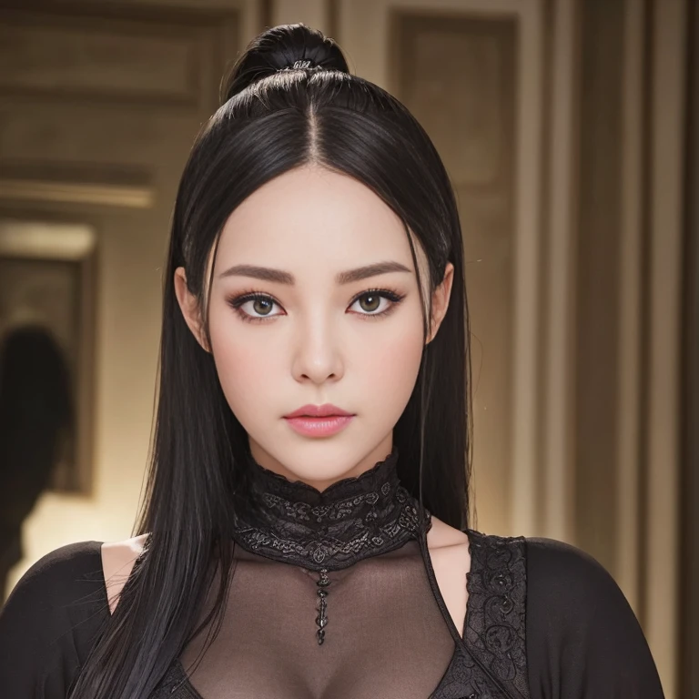 ((Top Quality、16K、​masterpiece:1.3))、a tall and beautiful woman、Perfect Figure:1.4、(gothic aesthetic) Slim Abs、(goth girl) black hairstyle、long hair、No postural movement、Stand up straight、Huge bust、Highly detailed facial and skin texture、(A detailed eye, Symmetry Eyes, Clear realistic eyes, Double eyelidd、Cold-stricken face、Symmetrical face), pale-white skin (illuminated, realistic shading sound), goth makeup, Royal sisters full of fans、The Telegraph Esbian、peach buttocks、(black gothic Knit Dress, Very Tight Knit), cleavage,  squart、(Raw foto:1.2)、((Photorealcitic:1.4))Top Quality、​masterpiece、Real Photography、very delicate and beautiful.、super detailed CG、Unity、8K photo wallpaper、delicate detail、best qualtiy、Highly detailed CG unity 8k wallpaper、absurderes、Incredibly Absurd、huge file size、extremely highly detailed、Hight Resolution、ighly Details、Beautiful detail girl、extremely detailed eyes and face、beautiful delicate eyes、Facial light、cinematic lightings、(big hips, thick thighs, beautiful legs, black pantyhose) 1girll、see -through,Watch your audience, Plane Air, high ponytail、ulzzang-6500、The Telegraph Esbian, different poses at different angles,