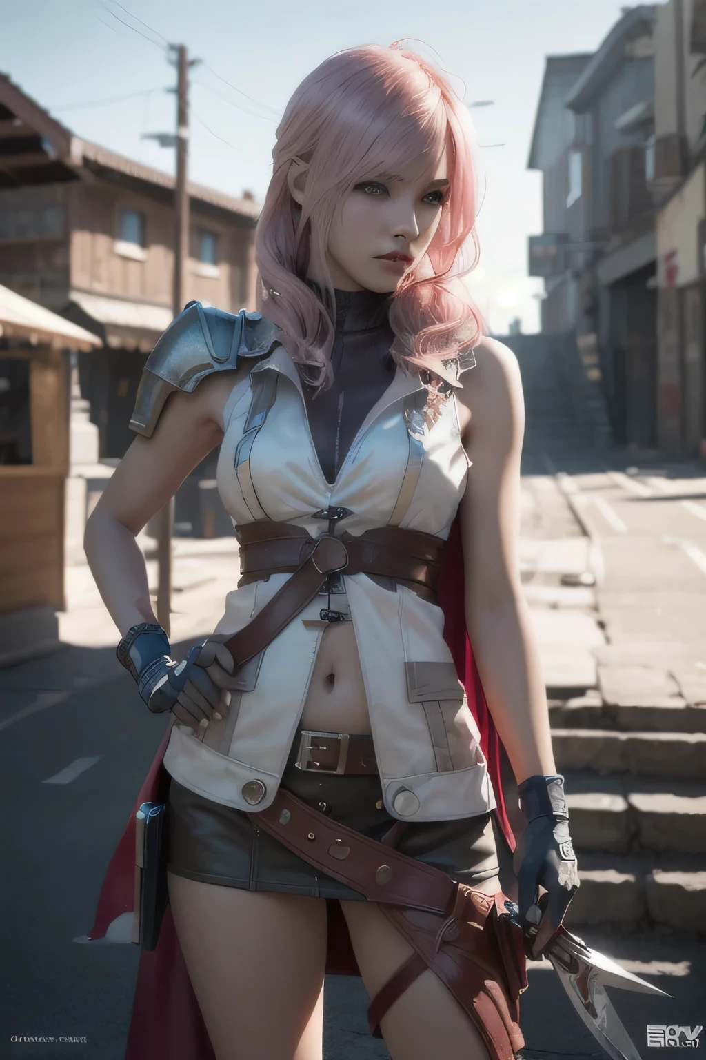 masterpiece, extremely fine and beautiful,detailed face,cute face,super detailed skin,photo realistic,cinematic,
  (Planted Sword on Hand:1.2), 1girl, solo, lightning farron, angry, sleeveless, shoulder armor, cape, skirt, fingerless gloves, legs, (detailed face and eyes:1.3) pink hair, 
vivid picture,masterpiece, (best quality:1.2),ultra-detailed,realistic,High definition,High quality,Cinematic Light,Ray tracing,ultra high res,UHD,(photorealistic:1.5),intricate details,detailed texture,finely detailed,High quality shadow, beautiful,  