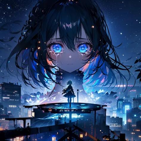 1girl, (((standing on top of a building on the edge))), looking down, (((crying))), tears falling down her face, dystopia, 8k, h...