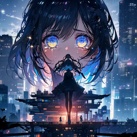 1girl, (((standing on top of a building on the edge))), looking down, (((crying))), tears falling down her face, dystopia, 8k, h...