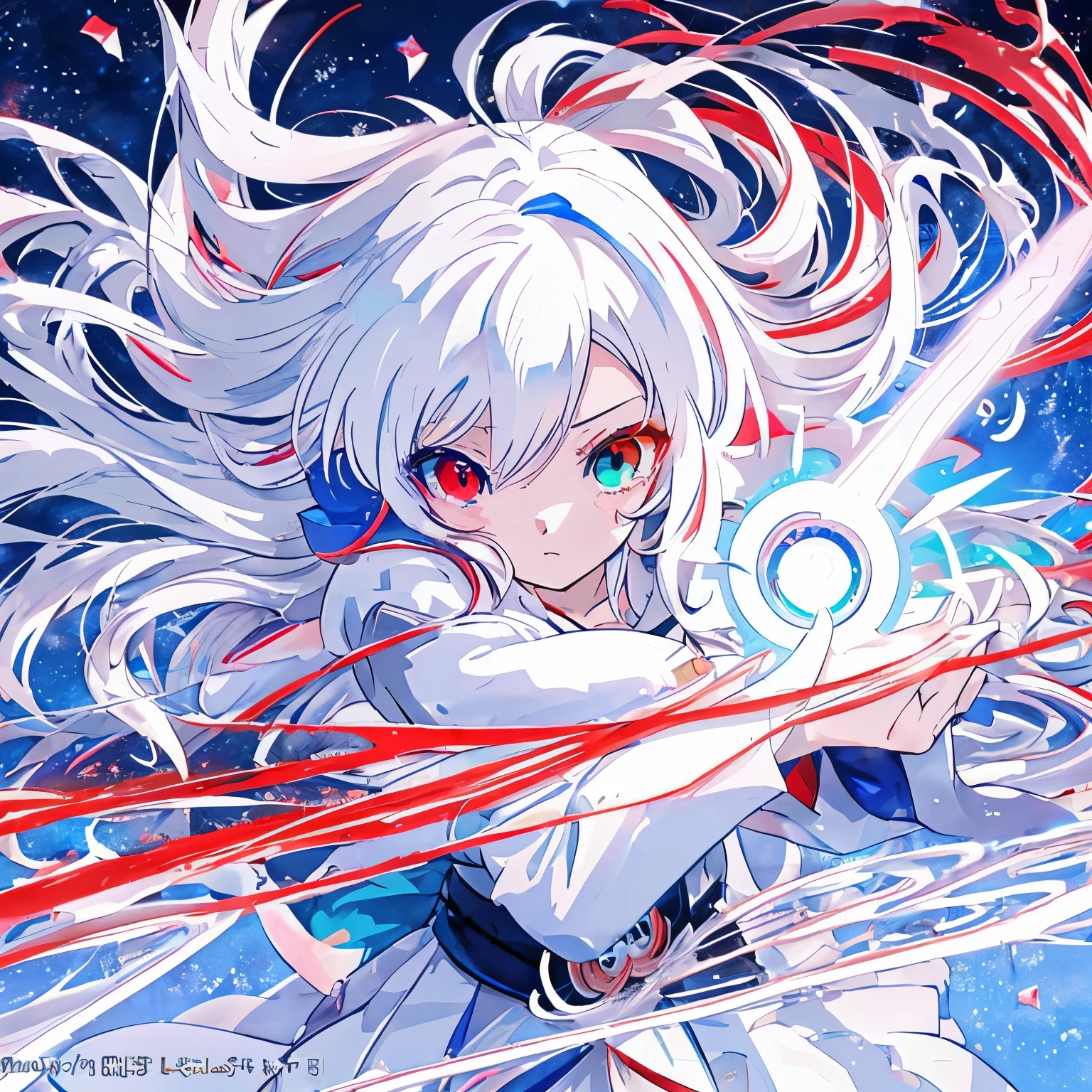 anime girl with long white hair holding a ice sword, ice magic circle, best anime 4k konachan wallpaper, white haired deity, zerochan art, anime art wallpaper 8 k, anime style 4 k, ufotable art style, detailed key anime art, anime art wallpaper 4 k, anime art wallpaper 4k, ryuko matoi, white haired, anime wallaper, (((heterochromia, blue and red eyes)))