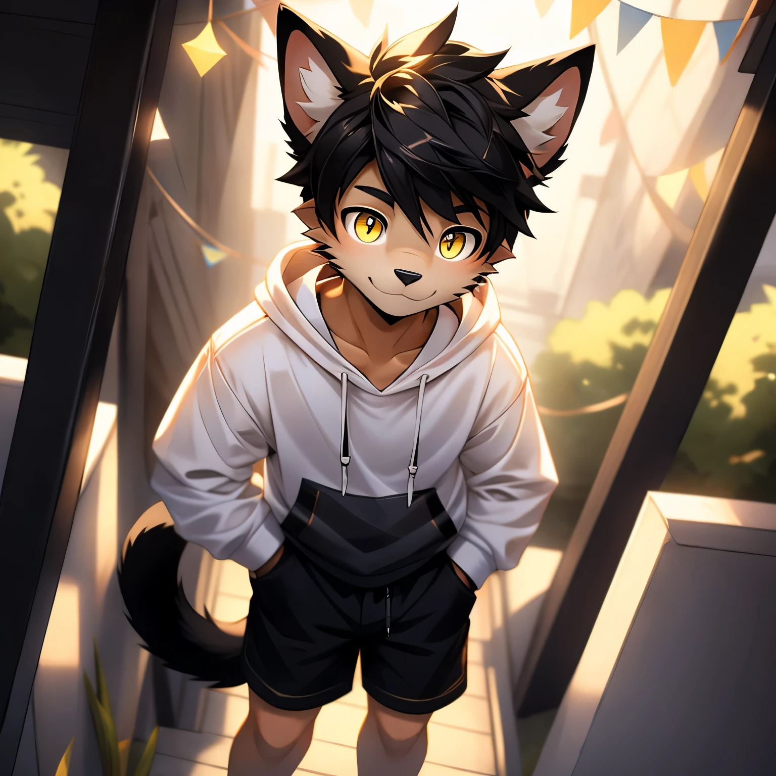 A black cat, furry, furry guy, 15 years old, 17 year old black cat, shota furry teen, whit yellow eyes, yellow eyes, black cat furry boy, Cute hoodie, cute shorts, wearing a hoodie and shorts, tween, teen, Teenager, 15 years old, Adult, twink, adult furry, of age, twink, 20 years old, furry adult, One boy, only one person, furry boy alone