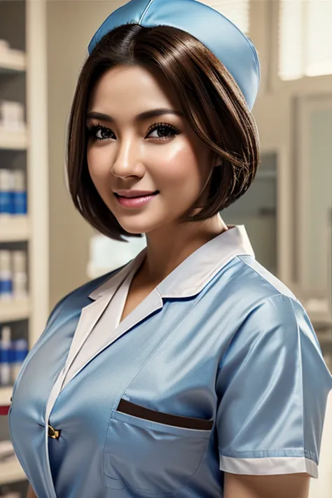 (1 Ultimate Beautiful Mature Nurse)、hyperdetailed face、Detailed lips、detailed eyes、double eyelids、((brunette bob hair))、(nurse's...