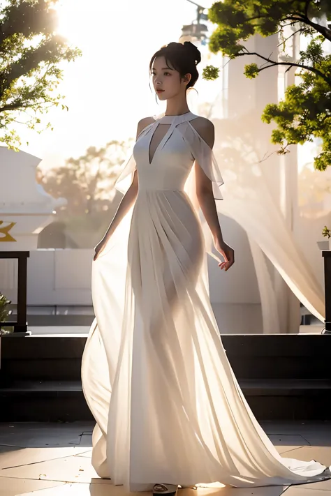 (masterpiece, best quality:1.2), 1girl, solo, delicate face, white-skinned female, see-through silhouette, white dress, full body, outdoor,on stage