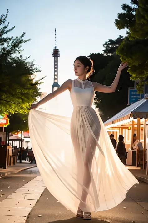 (masterpiece, best quality:1.2), 1girl, solo, delicate face, white-skinned female, see-through silhouette, white dress, full body, outdoor,amusement_park