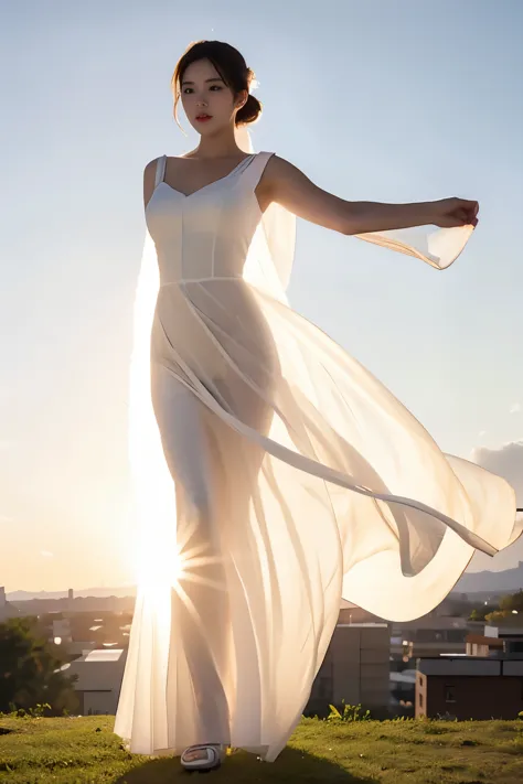 (masterpiece, best quality:1.2), 1girl, solo, delicate face, white-skinned female, see-through silhouette, white dress, full body, outdoor,on stage