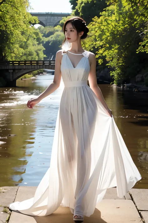 (masterpiece, best quality:1.2), 1girl, solo, delicate face, white-skinned female, see-through silhouette, white dress, full body, outdoor,on bridge,over a river