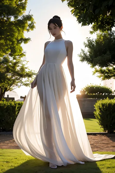(masterpiece, best quality:1.2), 1girl, solo, delicate face, white-skinned female, see-through silhouette, white dress, full body, outdoor,in garden