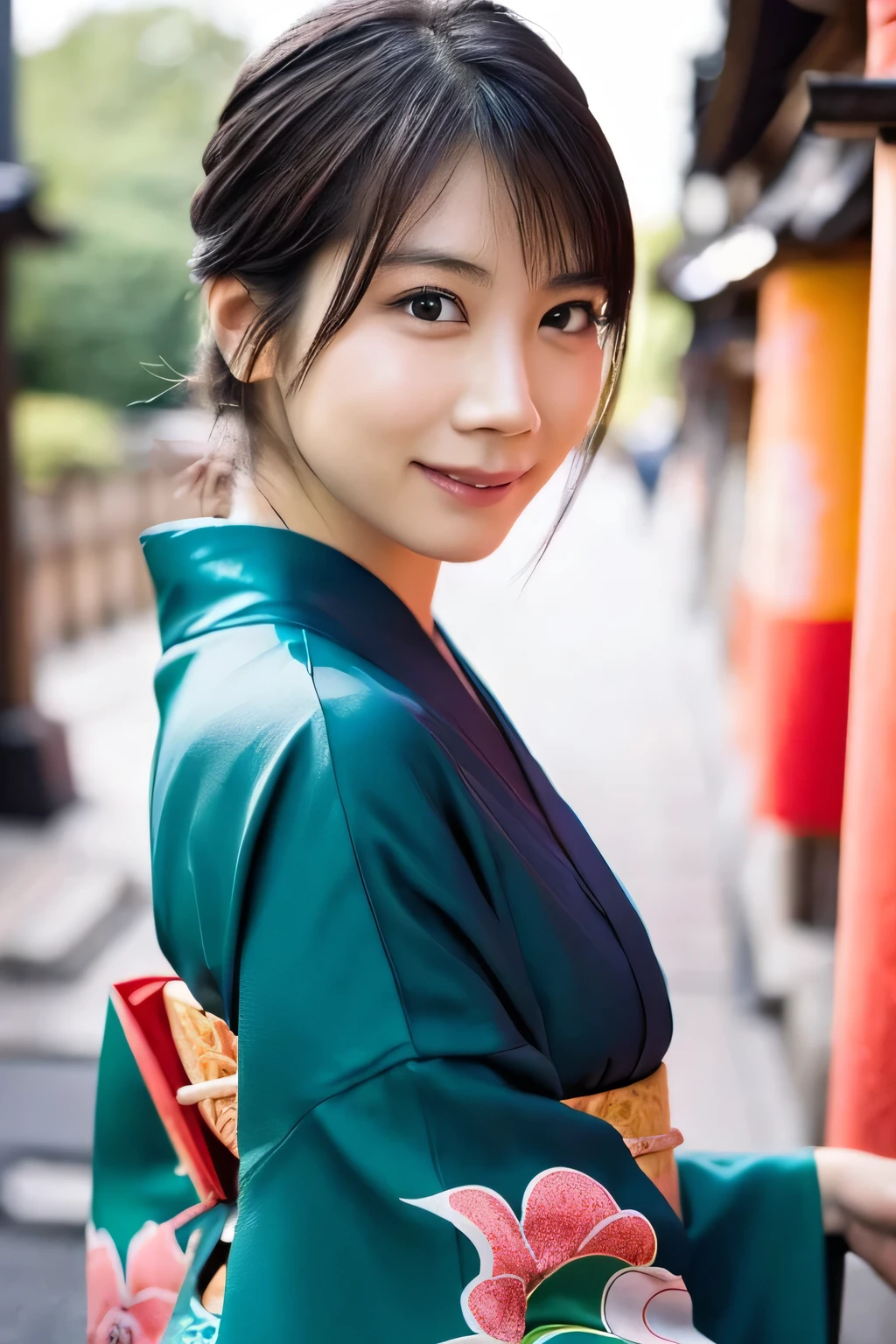 1 girl, (Wearing a red kimono:1.2), Very beautiful Japanese idol portraits, 
(RAW Photos, highest quality), (Realistic, Realistic:1.4), (masterpiece), 
Very delicate and beautiful, Very detailed, 2k wallpaper, wonderful, finely, Very detailed CG Unity 8K wallpaper, Very detailed, High resolution, Soft Light, 
Beautiful detailed girl, Very detailed目と顔, Beautiful and sophisticated nose, Finely beautiful eyes, Cinema Lighting, 
(Commemorative photo taken while sightseeing in Kyoto:1.3),
(Japanese hairstyle), (bangs),
Complete Anatomy, Slender body, Small breasts, smile