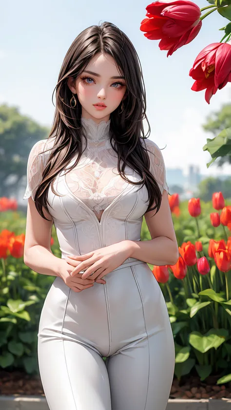 (best quality, ultra-detailed, photorealistic:1.37), attractive woman, perfect slim fit body, big breasts, abstract, tulips
