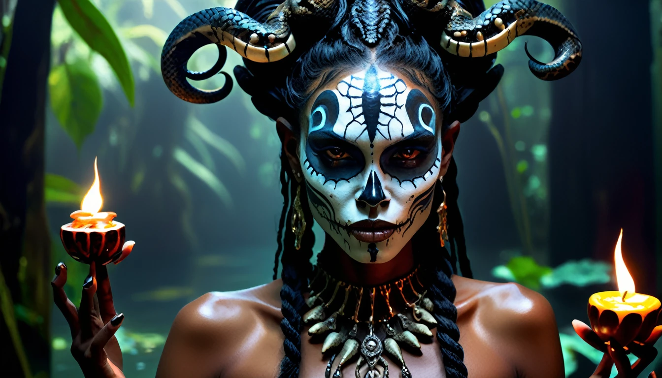 Female upper body in mythical water, water surFace, chef-d&#39;œuvre, perFect Face, détails complexes, thème d&#39;horreur, époxy_crâne, dark nightmare oF a 2 Voodoo priestess young woman with voodoo makeup and snakes in her hair, Aswang, humanoïde de taille moyenne, apparence prédatrice, shapeshiFter, POINTU, Feral Features, claws and Fangs, yeux brillants, keen sense oF smell, sens accrus, présence sombre et menaçante, sinister malveillant expression, irritant,en bonne santé,Bizarre, Déconcertant, sombre, décomposition, dynamique, malveillant, mélancolie, Flare, Fast autoFocus, F/22, vitesse d&#39;obturation 1/125 secondes, ISO1600, Balance des blancs lumière du jour, la compensation d&#39;exposition "+3.0 ceci", mode de prise de vue avec priorité à l&#39;obturation, lignes directrices, Focus mode continuous, Mesure ponctuelle, by milton caniFF, ombrage cellulaire,