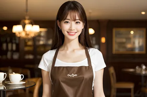 (highest quality、Tabletop、8k、Best image quality、Award-winning works)、Woman working in a café、(The perfect brown apron:1.2)、(Stan...