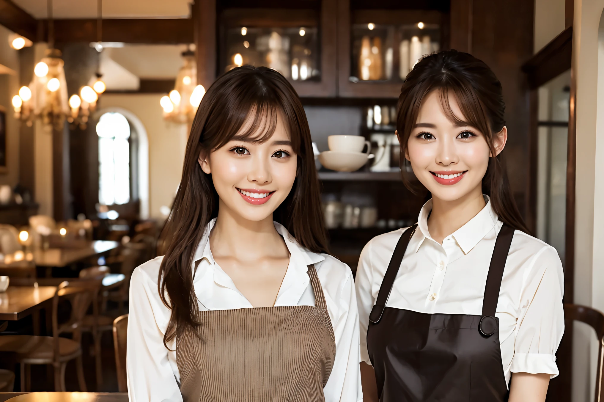 (highest quality、Tabletop、8k、Best image quality、Award-winning works)、Woman working in a café、(The perfect brown apron:1.2)、(Standing elegantly in a cafe:1.1)、(A classy shirt and apron:1.1)、(Big Breasts:1.1)、(Accentuate your body lines:1.1)、Beautiful woman portrait、The most elegant and cozy cafe、The most natural cafe, Perfectly organized、(The most atmospheric and warm lighting:1.1)、(The most romantic atmosphere:1.1)、Stylish and elegant cafe、Strongly blurred background、Look at me and smile、(Accurate anatomy:1.2)、Ultra high resolution perfect beautiful teeth、Ultra-high definition beauty face、Ultra HD Hair、Ultra HD The Shining Eyes、The Shining, Super high quality beautiful skin、Super high quality glossy lip