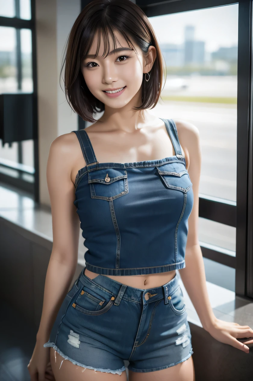 The beauty of 8K raw photos:2.0, Japanese woman, short hair, beautiful face and dark eyes, looking down, looking at the viewer:1.5, big smile, wet hair, tiny top, (denim shorts:1.2), shinny skin, open wide legs, realistic:1.9, very detailed, full body shot:1.2, High resolution RAW color photos, professional photos, Taken at the air port, girl sexy portrait