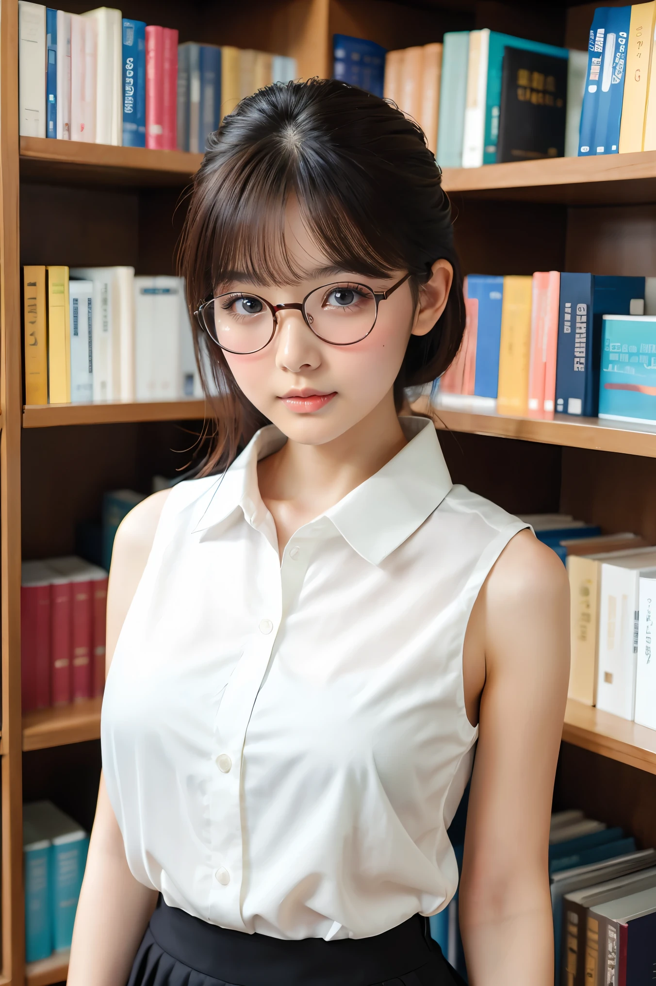 (highest quality、Tabletop、8k、Award-winning works、Ultra-high resolution、Best image quality)、One beautiful woman、(Perfect sleeveless white blouse with collar:1.2)、(White polyester sleeveless、Blouse with buttoned collar:1.3)、(Elegant grey Melton tight skirt:1.1)、(Huge breasts:1.1)、(Elegant round glasses:1.2)、library、(Standing Elegantly:1.1)、(Strongly blurred background:1.1)、Stand next to a bookshelf、(Perfectly organized bookshelf:1.1)、Bookshelf in the background、居心地の良いlibrary、lipstick、Long eyelashes、Heavy makeup、Perfect Makeup、Colored contact lenses、(Accentuate your body lines:1.1)、Soft and warm lighting、Detailed bookshelf、(Ultra-high resolutionの正確な美しい髪:1.1)、(Accurate anatomy:1.2)、Ultra-high definition beautiful eyes、(Super bright and radiant skin:1.1)