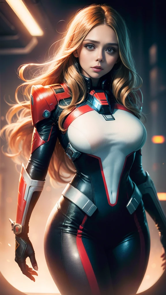 Elizabeth Olsen dans le rôle du capitaine d'un vaisseau spatial, un gratte-ciel, (inspiré de Mass Effect), costume d&#39;homme-araignée, Cote de sécurité, augmentation mammaire, Grosses fesses, pantalon en cuir enroulé autour des hanches (8k, photo brute, photoréaliste: 1, 25), (beaucoup de brillant à lèvres, beaucoup de cils, meilleure qualité, ultra haute résolution, Profondeur de champ, aberration chromatique, Lumière large, Cor Naturel, Images lointaines (1:2)