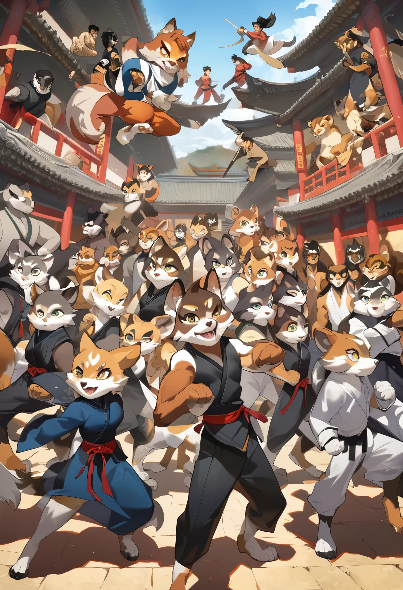 dynamic angle, top quality, best quality, High-quality illustrations, masterpiece, super high resolution, detailed background, detailed background, kung fu film, action, group shot:0.1, 6+boys, 6+girls, absurdres(highly detailed beautiful face and eyes)perfect anatomy, expression, good lighting, cinematic shadow(kemono, furry anthro),