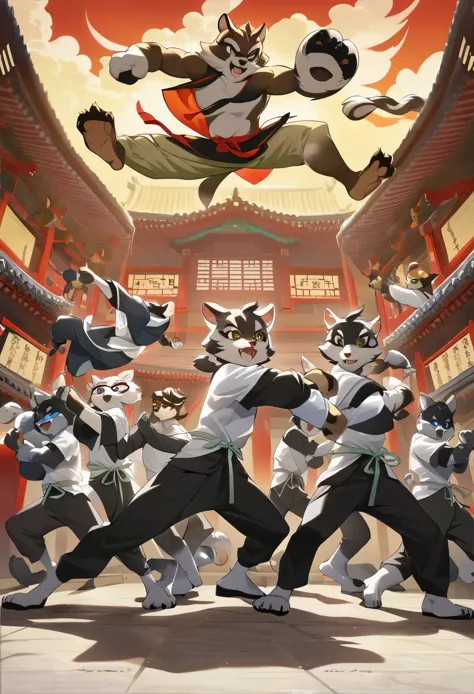 dynamic angle, top quality, best quality, High-quality illustrations, masterpiece, super high resolution, detailed background, detailed background, kung fu film, action, group shot:0.1, 6+boys, 6+girls, absurdres(highly detailed beautiful face and eyes)per...