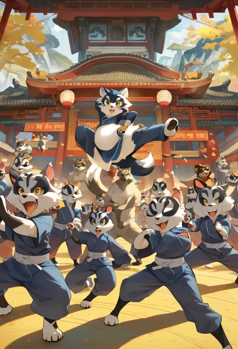 dynamic angle, top quality, best quality, High-quality illustrations, masterpiece, super high resolution, detailed background, detailed background, kung fu film, action, group shot:0.1, 6+boys, 6+girls, absurdres(highly detailed beautiful face and eyes)per...