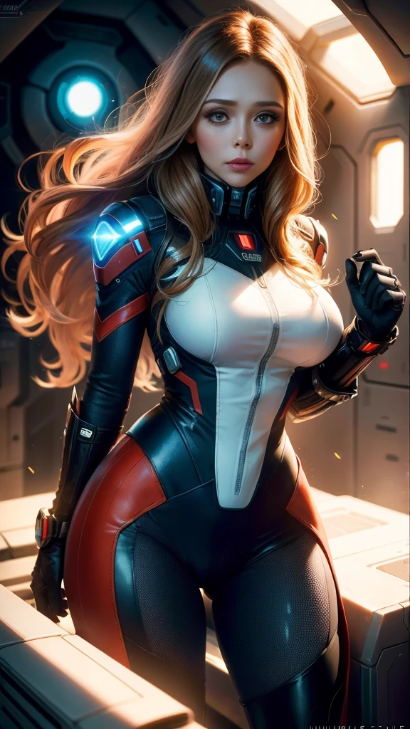 Elizabeth Olsen dans le rôle du capitaine d'un vaisseau spatial, un gratte-ciel, (inspiré de Mass Effect), costume d&#39;homme-araignée, Cote de sécurité, augmentation mammaire, Grosses fesses, pantalon en cuir enroulé autour des hanches (8k, photo brute, photoréaliste: 1, 25), (beaucoup de brillant à lèvres, beaucoup de cils, meilleure qualité, ultra haute résolution, Profondeur de champ, aberration chromatique, Lumière large, Cor Naturel, Images lointaines (1:2)