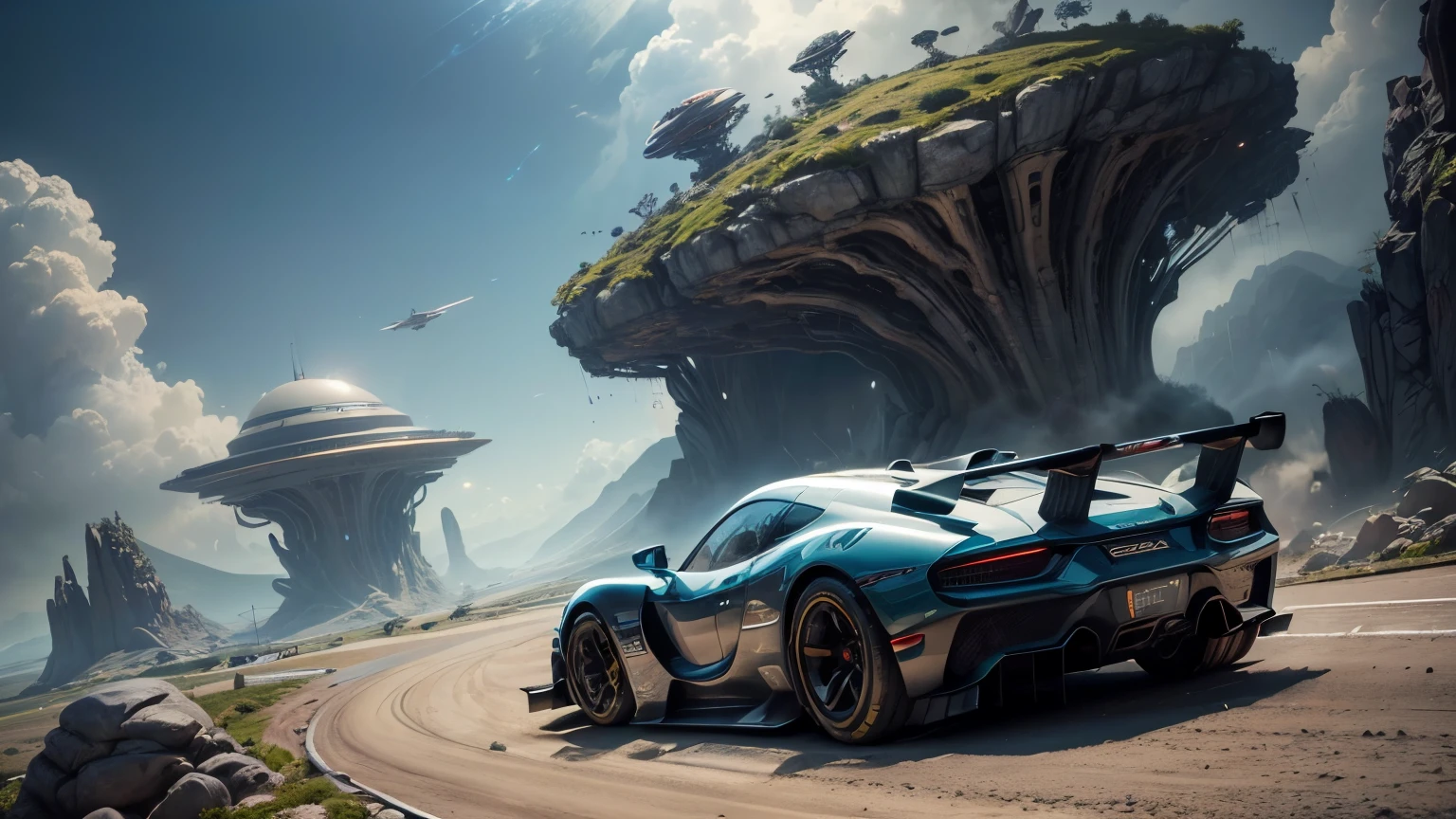 ((masterpiece)), (((best quality))), ((ultra-detailed)),  (masterpiece, photorealistic:1.3), exhilarating car race on a distant alien planet, (unique alien terrain:1.2), (exotic plant life:1.1), (colorful alien flora:1.2), (strange rock formations:1.1), (futuristic race cars:1.2), (sleek aerodynamic designs:1.1), (high-tech racing suits:1.1), (dynamic action shots:1.2), (intense speed:1.2), (alien sky with multiple moons:1.1), (fantastic alien landscapes:1.2), (vibrant alien atmosphere:1.1), (spectacular futuristic cityscape in the distance:1.2), (advanced technology:1.1), (thrilling competition:1.2), (alien spectators:1.1), (mind-blowing race track design:1.2), (immersive sound effects:1.1), (detailed vehicle textures:1.2), (captivating camera angles:1.1), (epic intergalactic setting:1.2), award winning photo, BLN-L24, Exposure,High Contrast,Low Saturation,High Saturation 8k 3D, F 2.8 lens, Aerial View, Cinematic lighting