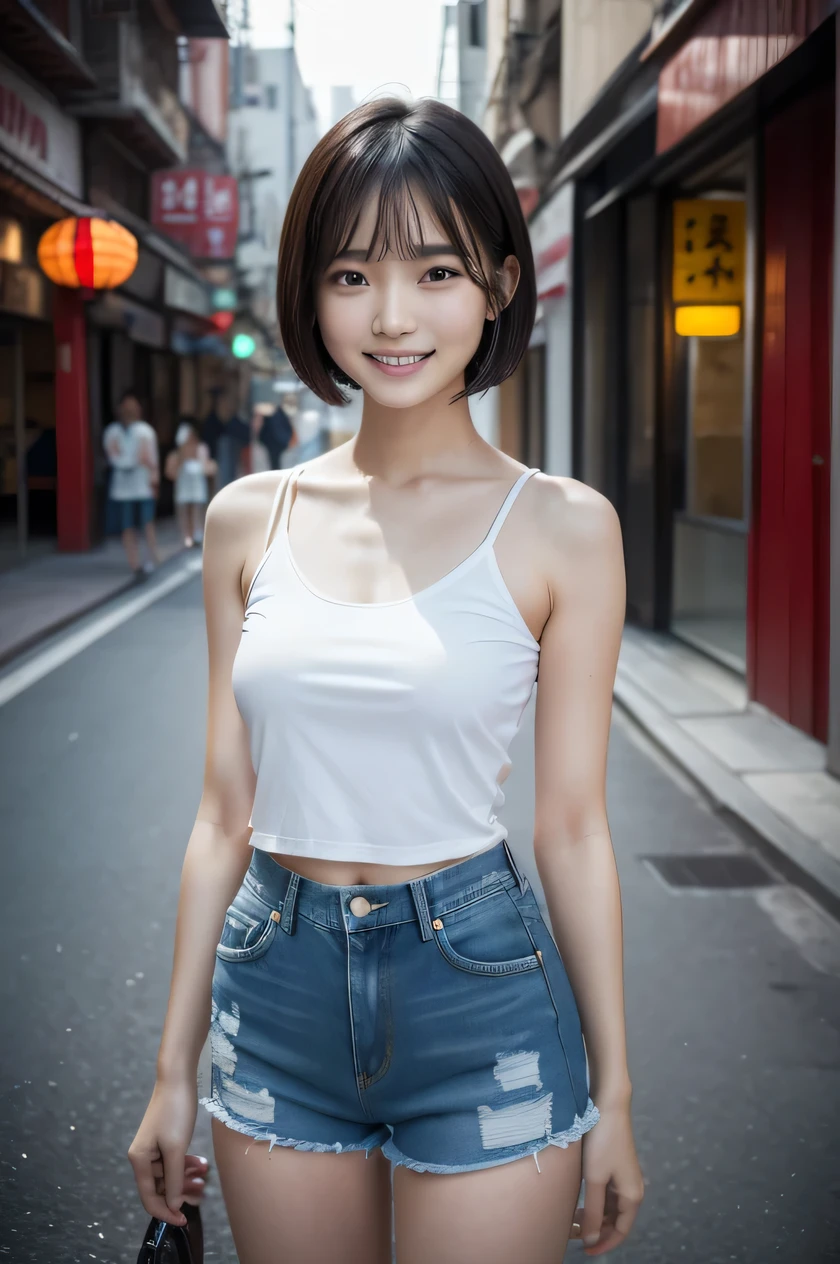 La belleza de las fotografías en bruto 8K:2.0, mujer japonesa, cabello corto, cara hermosa y ojos oscuros, mirando abajo, mirando al espectador:1.5, gran sonrisa, pelo húmedo, pequeño top, (shorts de mezclilla:1.2), piel brillante, piernas anchas abiertas, Realista:1.9, Muy detallado, tiro de cuerpo completo:1.2, fotografías en color RAW de alta resolución, fotos profesionales, Tomada en la ciudad china., chica sexy retrato
