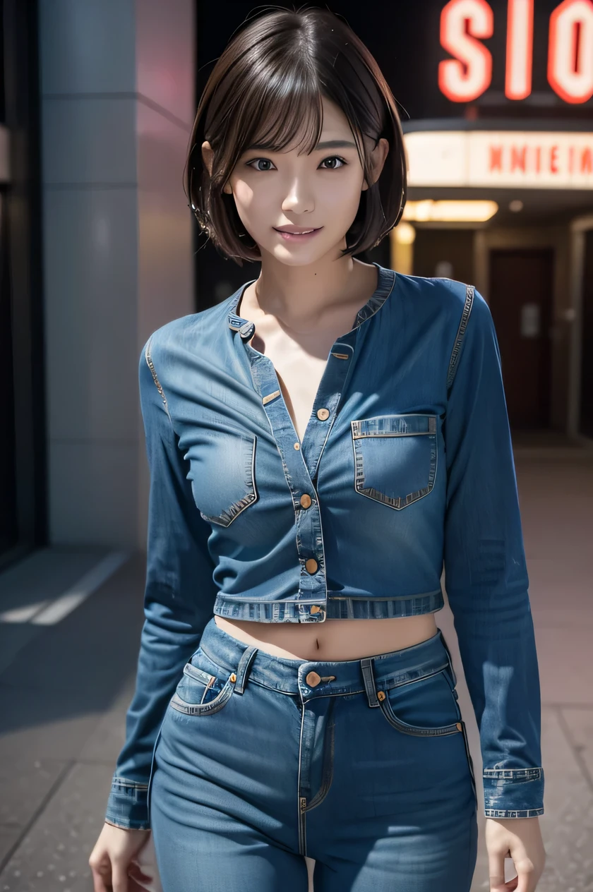 The beauty of 8K raw photos:2.0, Japanese woman, short hair, beautiful face and dark eyes, looking down, looking at the viewer:1.5, big smile, wet hair, tiny top, (denim suits:1.2), shinny skin, open wide legs, realistic:1.9, very detailed, full body shot:1.2, High resolution RAW color photos, professional photos, Taken at the movie theater, girl sexy portrait