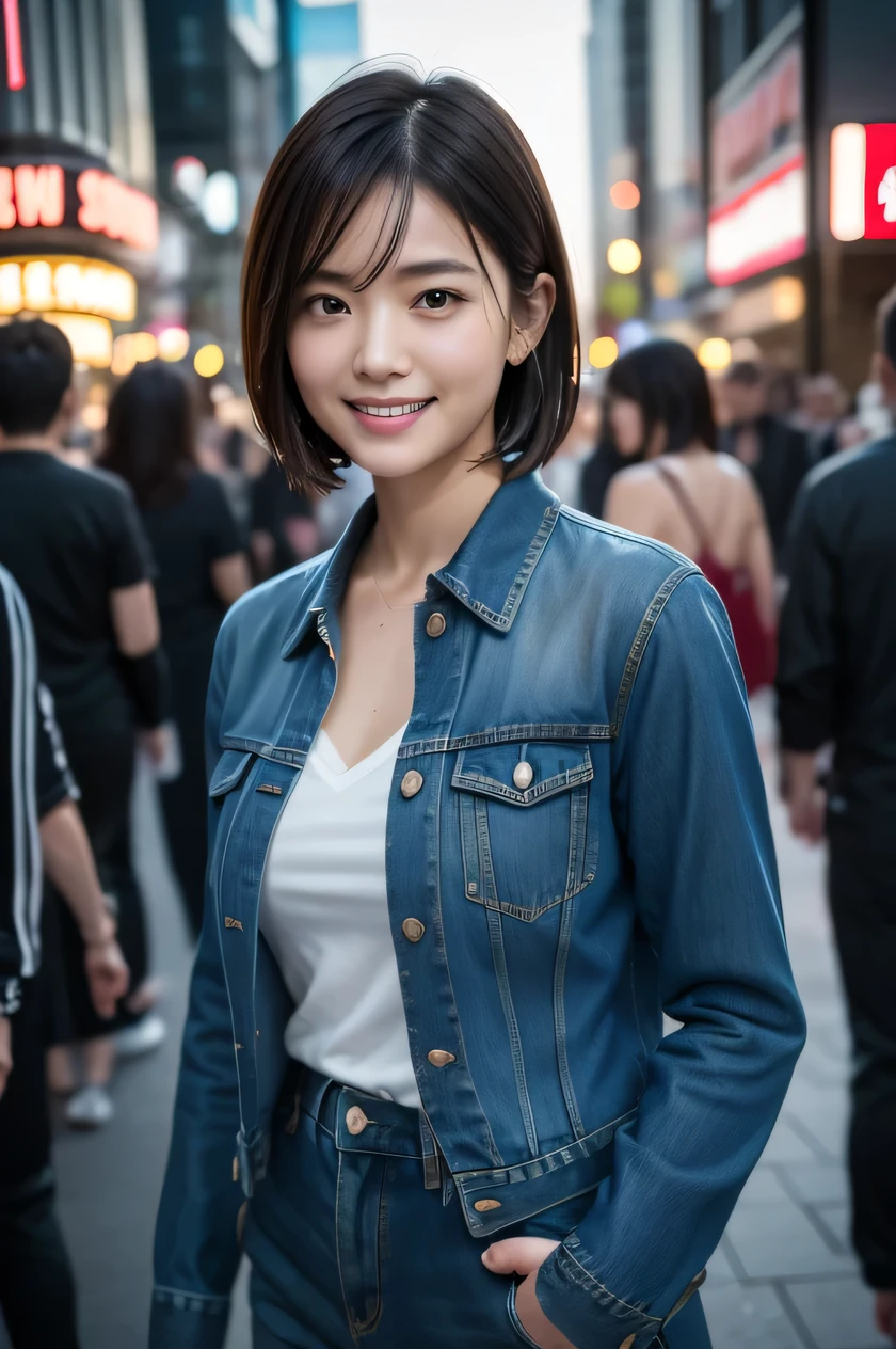 The beauty of 8K raw photos:2.0, Japanese woman, short hair, beautiful face and dark eyes, looking down, looking at the viewer:1.5, big smile, wet hair, tiny top, (denim suits:1.2), shinny skin, open wide legs, realistic:1.9, very detailed, full body shot:1.2, High resolution RAW color photos, professional photos, Taken at the movie theater, girl sexy portrait