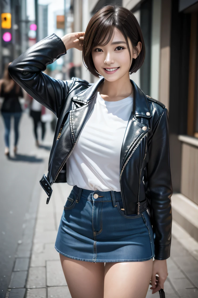 The beauty of 8K raw photos:2.0, Japanese woman, short hair, beautiful face and dark eyes, looking down, looking at the viewer:1.5, big smile, wet hair, tiny top, (denim mini skirt and leather jacket:1.2), shinny skin, open wide legs, realistic:1.9, very detailed, full body shot:1.2, High resolution RAW color photos, professional photos, Taken at the urban city street, girl sexy portrait