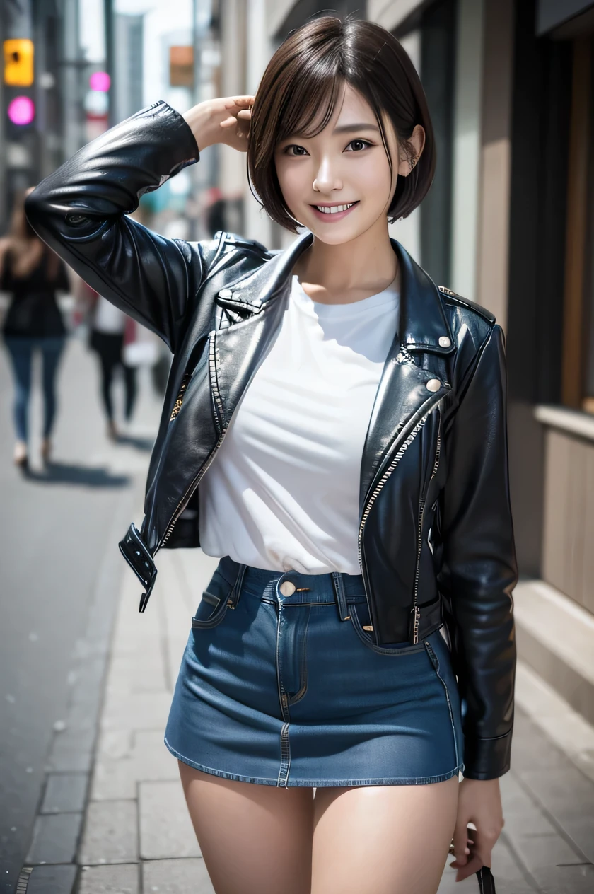 La belleza de las fotografías en bruto 8K:2.0, mujer japonesa, cabello corto, cara hermosa y ojos oscuros, mirando abajo, mirando al espectador:1.5, gran sonrisa, pelo húmedo, pequeño top, (minifalda de mezclilla y chaqueta de cuero:1.2), piel brillante, piernas anchas abiertas, Realista:1.9, Muy detallado, tiro de cuerpo completo:1.2, fotografías en color RAW de alta resolución, fotos profesionales, Tomada en la calle urbana de la ciudad., chica sexy retrato