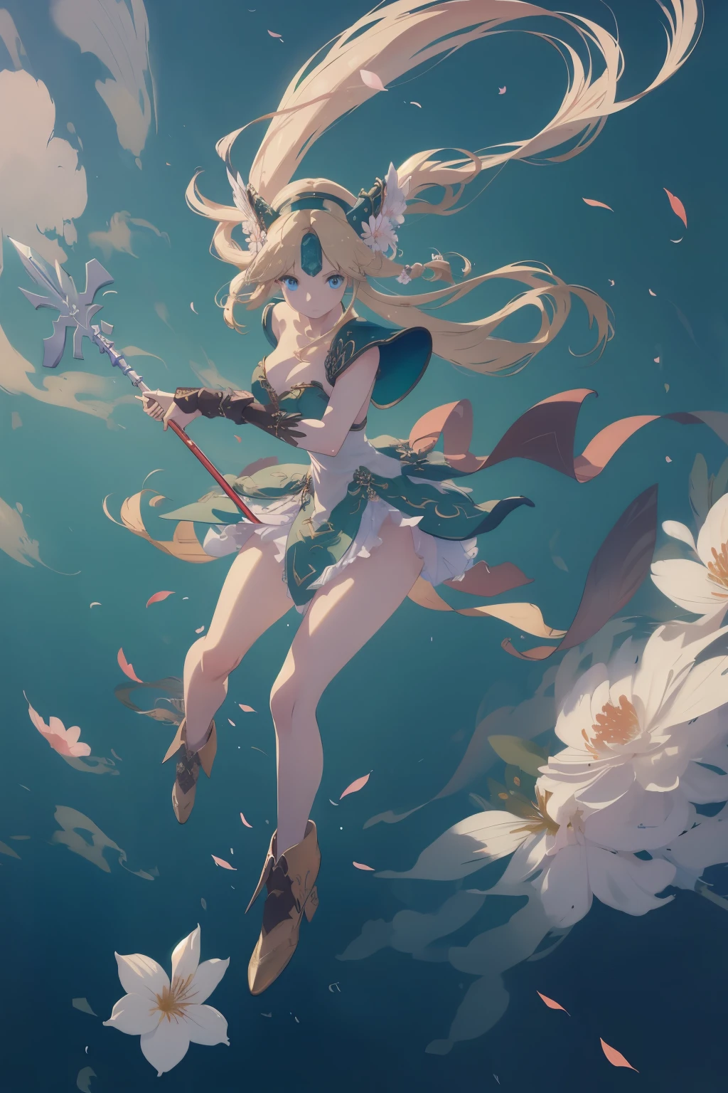 masterpiece, best quality, illustration, 1girl, solo, Riesz, (gold long hair), green dress, sharp eyes, (vivid color), light, thick smoke:1.6, (floating white ink:1.8), Cyan flame, (beautiful and clear background:1.25), (depth of field:0.7), Dreamlike, (highres:1.2), (ultra-detailed:1.2), (extremely detailed CG unity 8k wallpaper:1.2), (traditional media), (sketch:1.1), finely detailed beautiful eyes and detailed face, long 1 spear, (flying petals:1.2), white flower, spearfight, dynamic colors, colorful, dynamic pose, dynamic angle, (full body:1.5), Trials of Mana, (long 1 spear, holding long 1 spear:1.5), Riesz, medium breasts, (detailed eyes), cute, beauty, HDR, 4K, nier anime style, harmony, fighting stance,