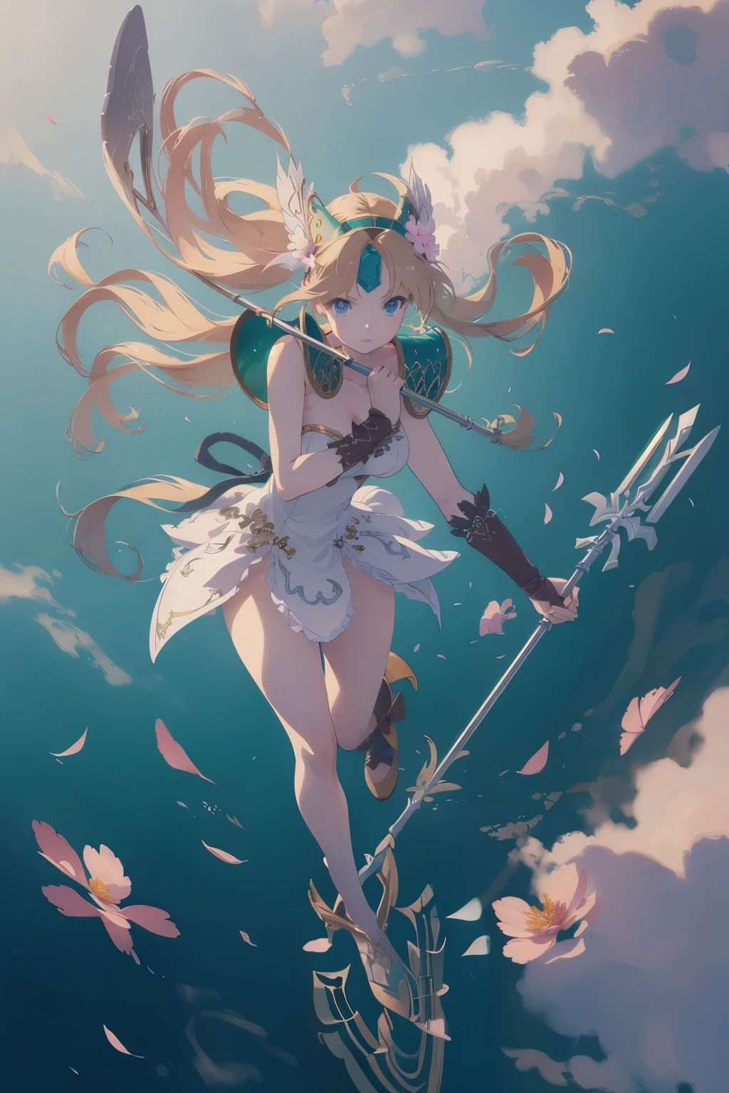 masterpiece, best quality, illustration, 1girl, solo, Riesz, (gold long hair), green dress, sharp eyes, (vivid color), light, thick smoke:1.6, (floating white ink:1.8), Cyan flame, (beautiful and clear background:1.25), (depth of field:0.7), Dreamlike, (highres:1.2), (ultra-detailed:1.2), (extremely detailed CG unity 8k wallpaper:1.2), (traditional media), (sketch:1.1), finely detailed beautiful eyes and detailed face, long 1 spear, (flying petals:1.2), white flower, spearfight, dynamic colors, colorful, dynamic pose, dynamic angle, (full body:1.5), Trials of Mana, (long 1 spear, holding long 1 spear:1.5), Riesz, medium breasts, (detailed eyes), cute, beauty, HDR, 4K, nier anime style, harmony, fighting stance,