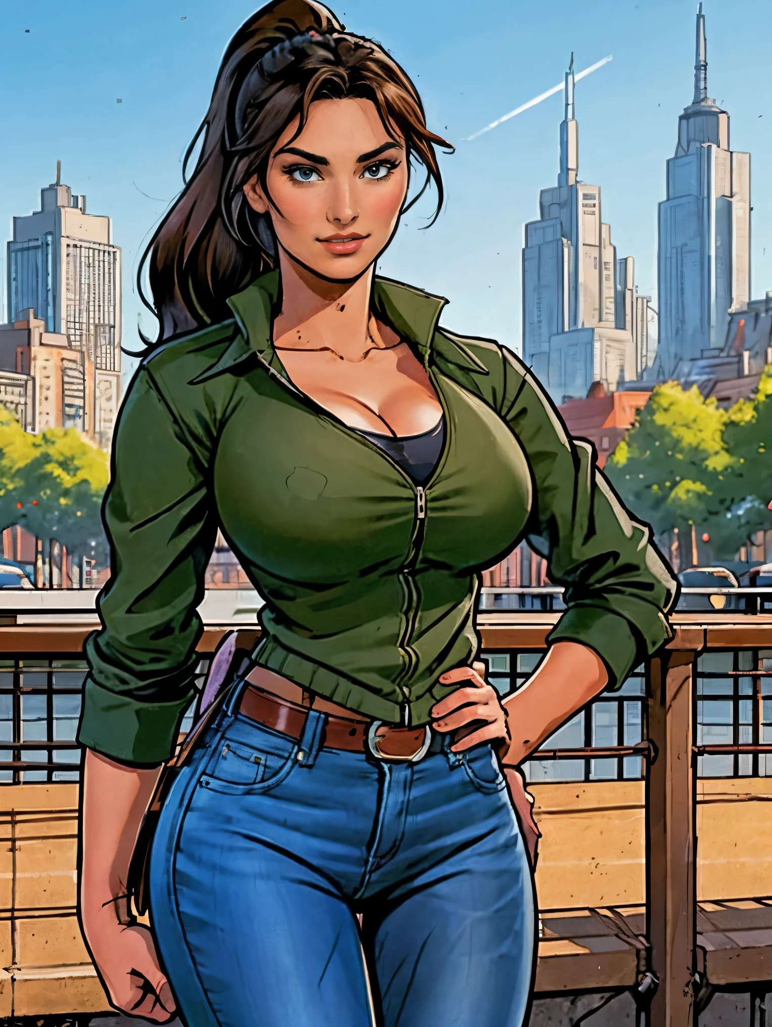 (masterpiece, top quality, best quality, official art, beautiful and aesthetic:1.2), (1girl:1.3), dark brown hair pulled back, elegant updo, extremely detailed, portrait, looking at viewer, facing viewer, solo, (full body:0.6), detailed background, close up, kindly eyes, (warm summer park theme:1.1), busty woman, charlatan, smirk, mysterious, long hair, huge ponytail, slim, thin, athletic, womanly, elastic woman, dark green jacket, tank top, blue jeans, hair bandana, camera bag, brunette, city, heroic, cheerful, city exterior, park, street, daylight, soft lighting, natural lighting, athletic, strong, slim waist, slim hips, long legs, muscular legs, modern (city park exterior:1.1) background, bright mysterious lighting, shadows, magical atmosphere, dutch angle, 