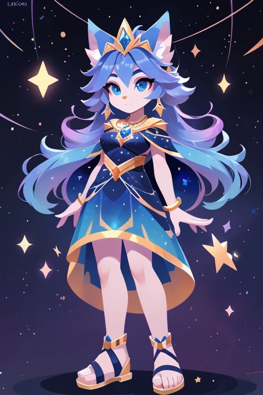 Nome completo: Celeste Nova

Pode:

Manipulate the movement of stars Access cosmic knowledge Create illusory constellations Color: Azul escuro

Estilo de roupa:

Long blue dress with star prints Cape with constellation details Gold sandals Accessories:

Tiara with shining stars Pendant earrings in the shape of moon and star Bracelet with astrological symbols Background:

Starry space with diverse bright constellations Character: Violet Characteristics:

Personalidade: Enigmatic, poderosa, controle da mente
Poder: Telecinesia e controle mental