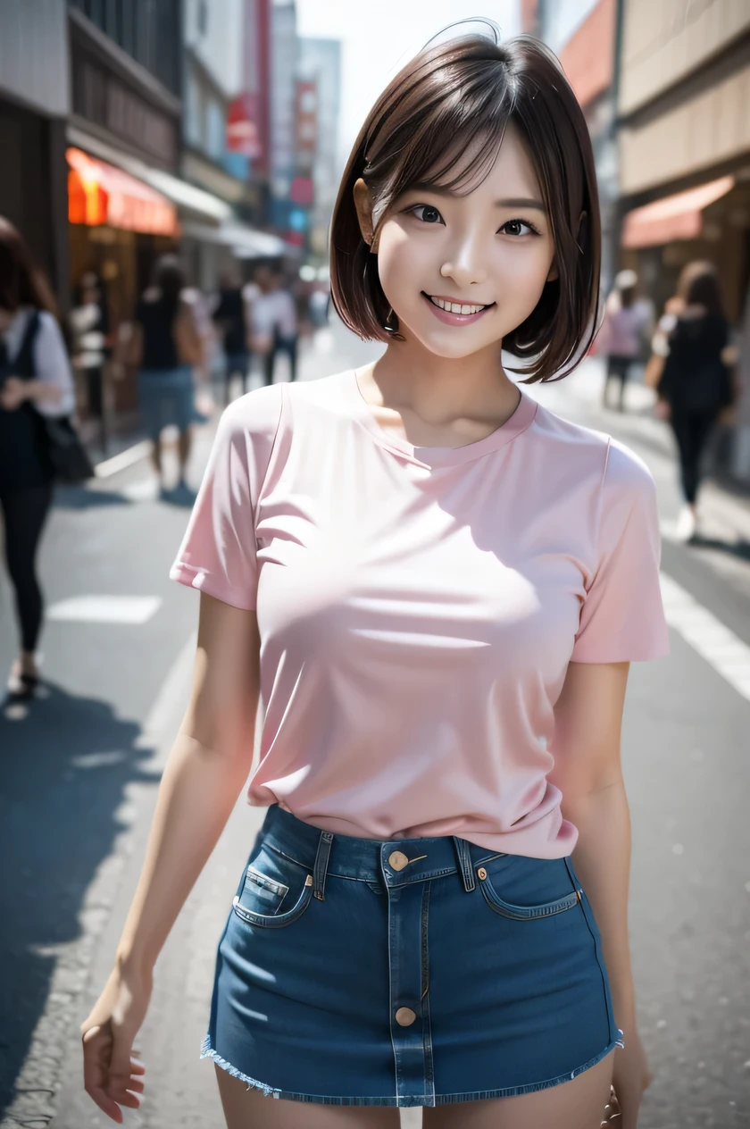 The beauty of 8K raw photos:2.0, Japanese woman, short hair, beautiful face and dark eyes, looking down, looking at the viewer:1.5, big smile, wet hair, tiny top, (denim mini skirt and pink shirts:1.2), shinny skin, open wide legs, realistic:1.9, very detailed, full body shot:1.2, High resolution RAW color photos, professional photos, Taken at the urban city street, girl sexy portrait