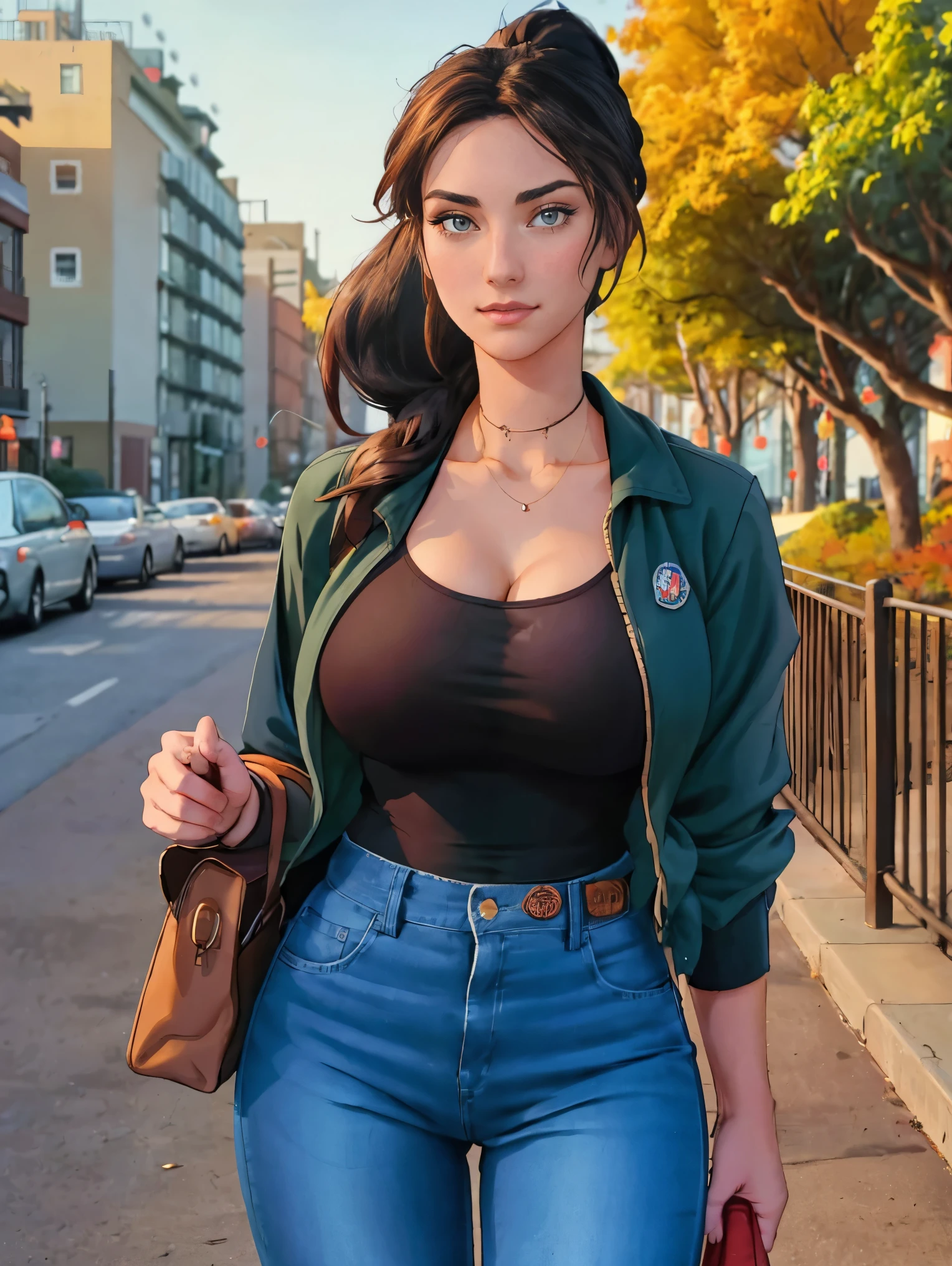 (masterpiece, top quality, best quality, official art, beautiful and aesthetic:1.2), (1girl:1.3), dark brown hair pulled back, elegant updo, extremely detailed, portrait, looking at viewer, facing viewer, solo, (full body:0.6), detailed background, close up, kindly eyes, (warm summer park theme:1.1), busty woman, charlatan, smirk, mysterious, long hair, huge ponytail, slim, thin, athletic, womanly, elastic woman, dark green jacket, tank top, blue jeans, hair bandana, camera bag, brunette, city, heroic, cheerful, city exterior, park, street, daylight, soft lighting, natural lighting, athletic, strong, slim waist, slim hips, long legs, muscular legs, modern (city park exterior:1.1) background, bright mysterious lighting, shadows, magical atmosphere, dutch angle,