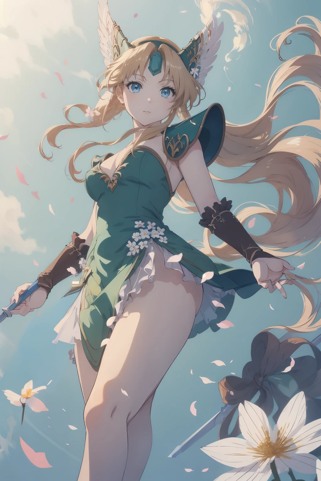 masterpiece, best quality, illustration, 1girl, solo, Riesz, (gold long hair), green dress, sharp eyes, (vivid color), light, thick smoke:1.6, (floating white ink:1.8), Cyan flame, (beautiful and clear background:1.25), (depth of field:0.7), Dreamlike, (highres:1.2), (ultra-detailed:1.2), (extremely detailed CG unity 8k wallpaper:1.2), (traditional media), (sketch:1.1), finely detailed beautiful eyes and detailed face, long 1 spear, (flying petals:1.2), white flower, spearfight, dynamic colors, colorful, dynamic pose, dynamic angle, (from below:1.5), Trials of Mana, (long 1 spear, holding long 1 spear:1.5), Riesz, medium breasts, (detailed eyes), cute, beauty, HDR, 4K, nier anime style, harmony, fighting stance,