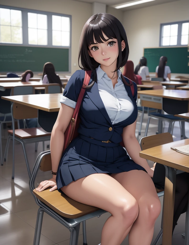 Anime girl sitting on a chair with a blackboard in the classroom, Surrealism female students, Surrealism female students, realist , Beautiful anime high school girls, soft anime cg art, seductive anime girls, beautiful anime girl crouching, best anime girl, anime moe art style, sexy anime girls, female student, renderizado fotorrealist de chica anime, standing in class