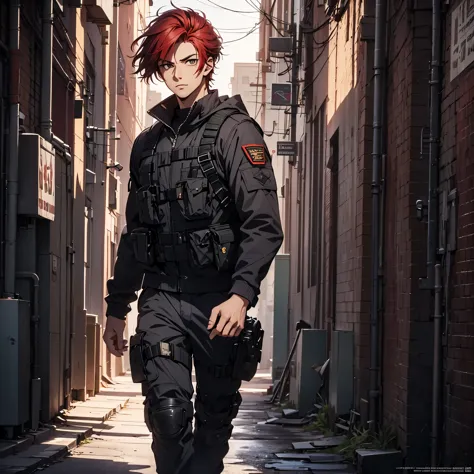 1man, handsome,  18 years old, wild red hair, wearing combat suit, ultra high resolution, best quality, masterpiece, rtx,ray tra...