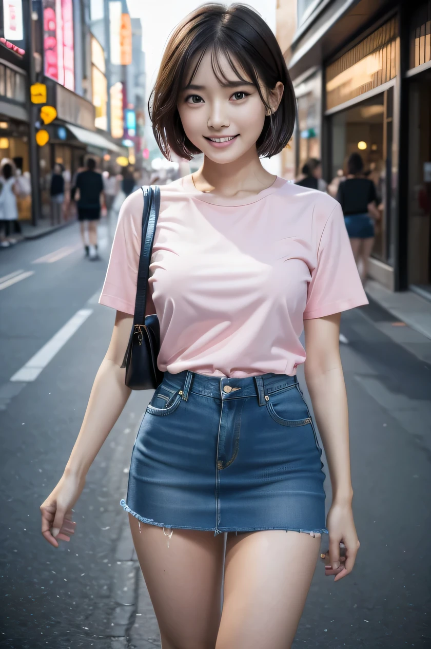 A beleza das fotos raw em 8K:2.0, mulher japonesa, cabelo curto, rosto lindo e olhos escuros, Olhando para baixo, olhando para o espectador:1.5, grande sorriso, cabelo molhado, topo minúsculo, (minissaia jeans e camisa rosa:1.2), pele brilhante, pernas largas abertas, realista:1.9, Muito detalhado, tiro de corpo inteiro:1.2, Fotos coloridas RAW de alta resolução, fotos profissionais, Tirada na rua da cidade, retrato sexy de garota