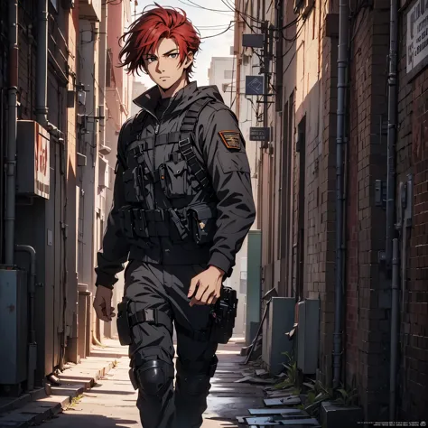 1man, handsome,  18 years old, wild red hair, wearing combat suit, ultra high resolution, best quality, masterpiece, rtx,ray tra...