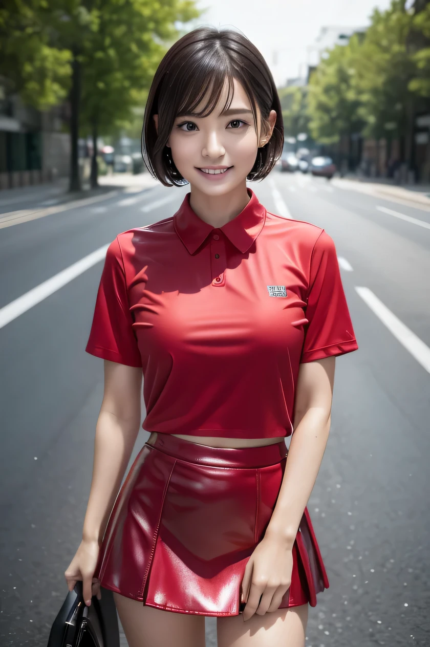 The beauty of 8K raw photos:2.0, Japanese woman, short hair, beautiful face and dark eyes, looking down, looking at the viewer:1.5, big smile, wet hair, tiny top, (mini skirt and red shirts:1.2), shinny skin, open wide legs, realistic:1.9, very detailed, full body shot:1.2, High resolution RAW color photos, professional photos, Taken at the town road, girl sexy portrait