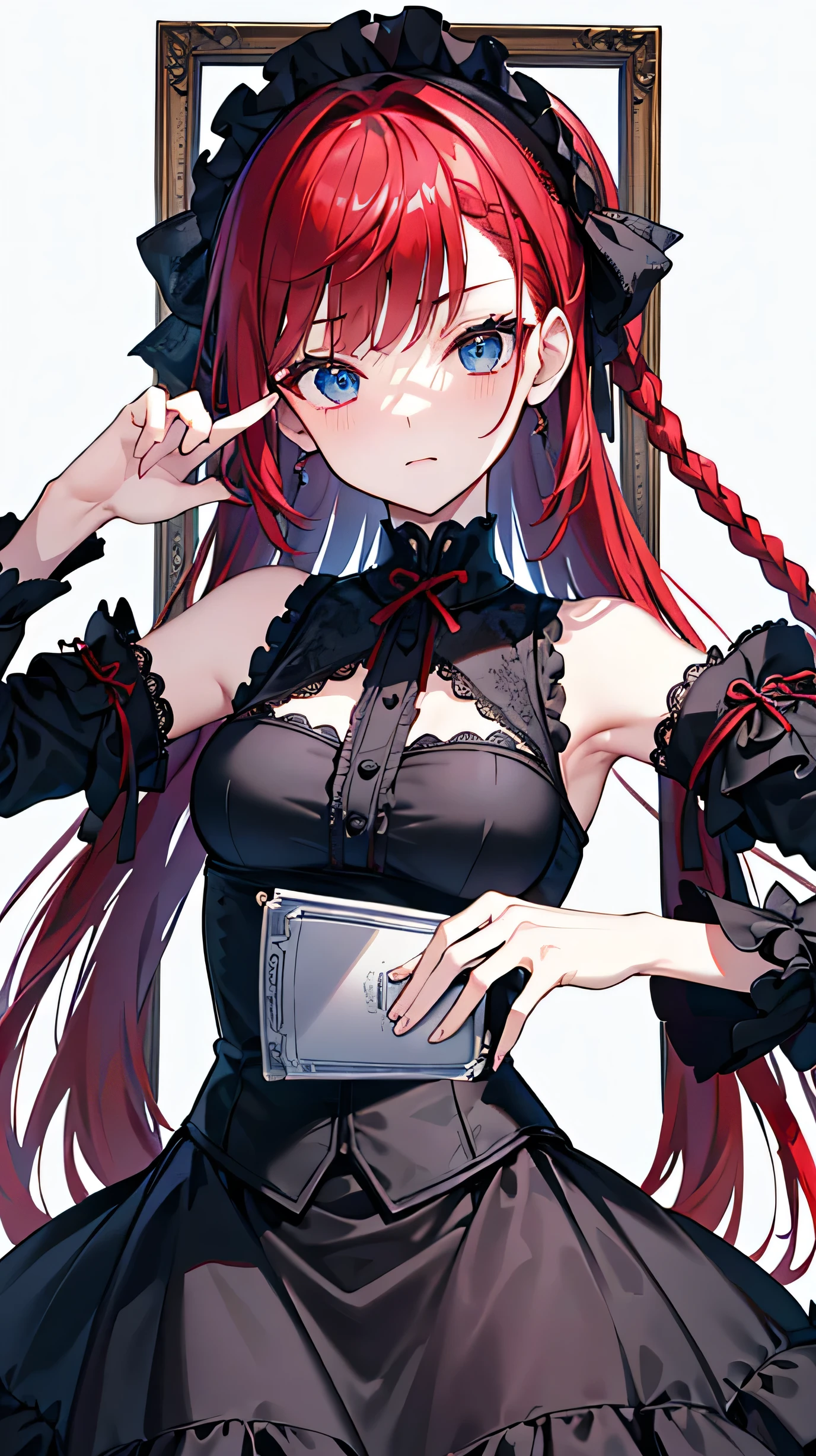 ​masterpiece、high-quality、top-quality、Beautiful face、expressive eyes、hard disk、Perfect lighting、A detailed face、Detailed body、mature female、mature lady、solo、(A red-haired)、braided hair、swept bangs、 blue eyes、((black gothic lolita dress))、((black btocking))、((bare shoulders))、sexy pose、Sexy face、professional model、big breasts、confident face、cool pose、white plain background、magazine frame、