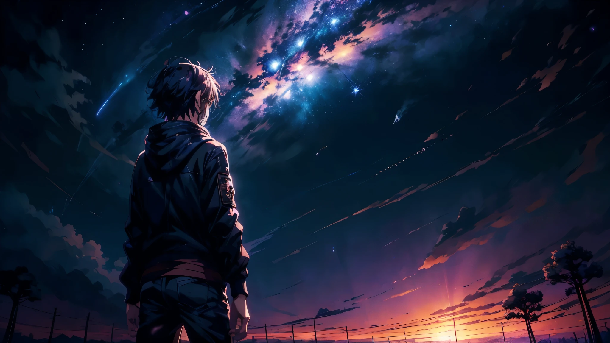 anime - style scene of a sunset with stars and planets, cosmic skies. by makoto shinkai, sunset on distant machine planet, magnificent background, anime sky, anime art wallpaper 4 k, anime art wallpaper 4k, 4k highly detailed digital art, anime art wallpaper 8 k, ross tran. scenic background, anime background art, anime wallpaper 4 k