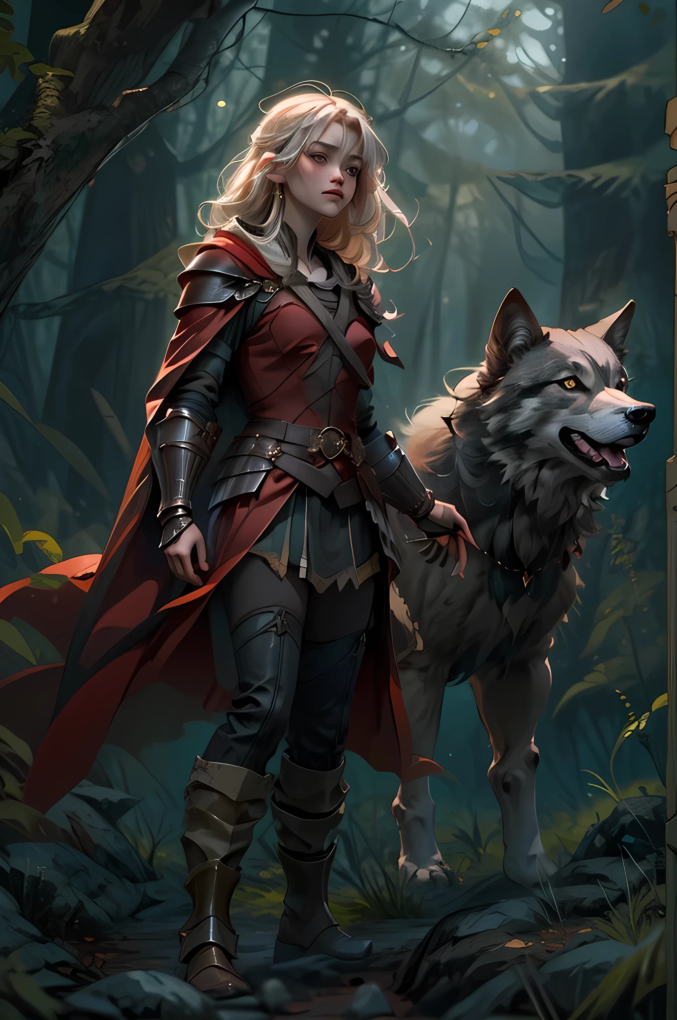 fantasy art, RPG art, Dark fantasy art, ultra wide shot, RAW, photorealistic, a picture of female human ranger and her wolf pet, the ranger, an exquisite beautiful human woman, long blond hair, braided hair, green eyes, wearing leather armor, wearing (red cloak: 1.1), armed with a (sword: 1.3), wearing laced boots, standing in a dark forest at night, (mist rising from the grounds: 1.3), a sense of dread and fear, yet she stands defiant and fearless, her wolf pet stands near her, protecting her, dark fantasy forest background, best quality, 16k, [ultra detailed], masterpiece, best quality, (ultra detailed), full body, ultra wide shot, photorealism, armored dress