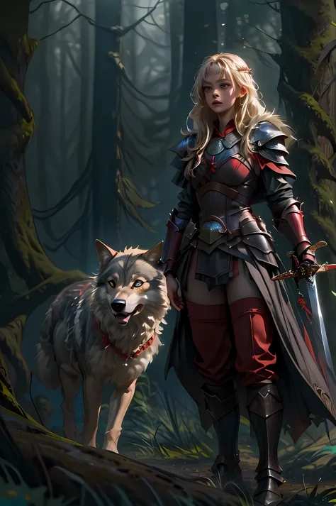 fantasy art, RPG art, Dark fantasy art, ultra wide shot, RAW, photorealistic, a picture of female human ranger and her wolf pet,...