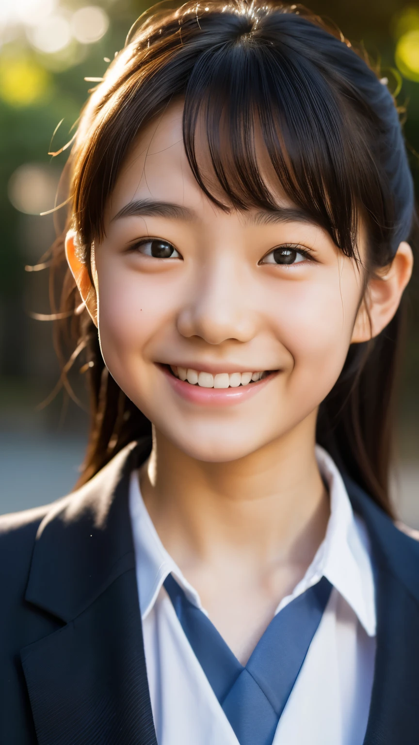 lente: 135 mm f1.8, (de la máxima calidad),(Fotos CRUDAS), (Mesa:1.1), (Hermosa niña japonesa de 13 años.), cara linda, (Cara profundamente cincelada:0.7), (pecas:0.4), dappled luz de sol, iluminación dramática, (uniforme escolar japonés), (en el campus), tímido, (fotografía de cerca:1.2), (sonrisa),, (Ojos chispeantes)、(luz de sol)