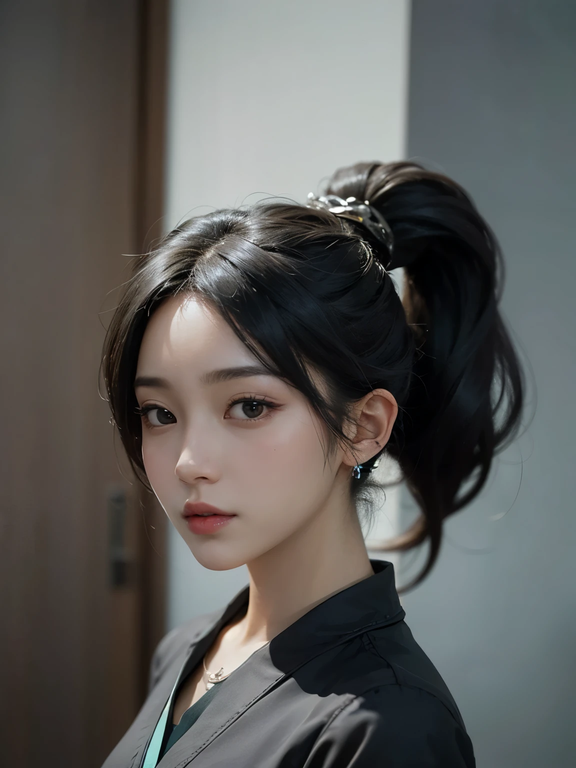 ((best quality)), ((masterpiece)), (detailed), perfect face. Black hair. Ponytail. Anime girl. Asian girl. Black eyes. Ulzzang.